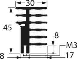 Strangkühlkörper, 50 x 30 x 45 mm, 5.7 bis 2.2 K/W, Schwarz eloxiert