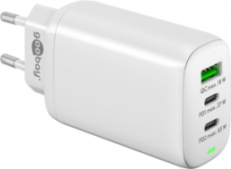 USB-Steckdosenladegerät, Eurostecker auf USB-A Buchse, 2x USB-C Buchse, 3 A, weiß