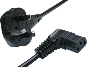 Geräteanschlussleitung, Großbritannien, Stecker Typ G, abgewinkelt auf C13-Kupplung, abgewinkelt, H05VV-F3G1,0mm², schwarz, 2.5 m
