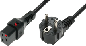 Geräteanschlussleitung, Europa, Stecker Typ E + F, abgewinkelt auf C19-Kupplung, gerade, H05VV-F3G1,5mm², schwarz, 2 m