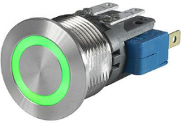 Drucktaster, 1-polig, silber, beleuchtet (grün), 100 mA/30 V, Einbau-Ø 16.1 mm, IP67, 3-102-621