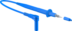 Messleitung mit (Prüfspitze, gerade) auf (4 mm Stecker, gefedert, abgewinkelt), 1 m, blau, PVC, 1,0 mm², CAT II