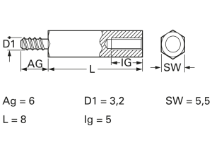 Sechskant-Abstandsbolzen, Außen-/Innengewinde, M3, 8 mm, Messing