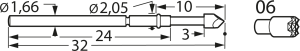 Standard-Prüfstift mit Tastkopf, Rundkopf, Ø 1.66 mm, Hub 5 mm, RM 2.54 mm, L 32 mm, F77206B150G300