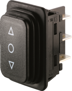 Rocker switch, black, 2 pole, (On)-Off-(On), changeover switch ( pole), 12 (4) A/250 VAC, IP65, unlit, printed