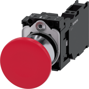 Mushroom pushbutton, unlit, latching, 1 Form A (N/O) + 1 Form B (N/C), waistband round, red, front ring silver, mounting Ø 22.3 mm, 3SU1150-1BA20-3FA0