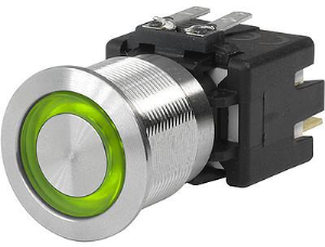 Pushbutton switch, 1 pole, silver, illuminated  (green), 16 A/250 VAC, mounting Ø 19 mm, IP65, 3-100-991