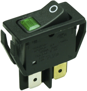 Rocker switch, green, 2 pole, On-Off, off switch, 16 (4) A/250 VAC, 10 (4) A/250 VAC, IP40, illuminated, printed