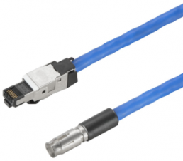 Sensor actuator cable, M12-cable socket, straight to RJ45-cable plug, straight, 4 pole, 1 m, Radox EM 104, blue, 4 A, 2503720100