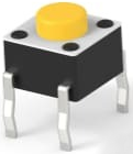 Short-stroke pushbutton, Form A (N/O), 50 mA/24 VDC, unlit , actuator (yellow, L 1.4 mm), 5 N, THT