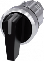 Toggle switch, illuminable, latching/groping, waistband round, black, front ring silver, 2 x 45°, mounting Ø 22.3 mm, 3SU1052-2CP10-0AA0