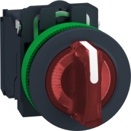 Selector switch, unlit, latching, waistband round, red, front ring black, 3 x 45°, mounting Ø 30.5 mm, XB5FK134B5