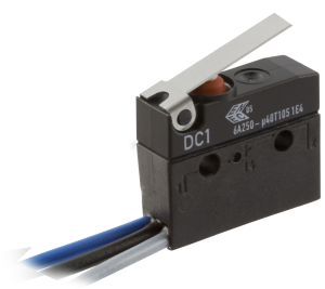 Subminiature snap-action switch, On-On, stranded wires, hinge lever, 0.8 N, 6 A/250 VAC, IP67