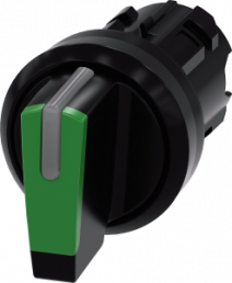 Toggle switch, illuminable, latching/groping, waistband round, green, front ring black, 2 x 45°, mounting Ø 22.3 mm, 3SU1002-2BN40-0AA0