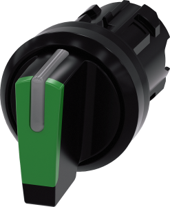 Toggle switch, illuminable, groping, waistband round, green, front ring black, 2 x 45°, mounting Ø 22.3 mm, 3SU1002-2BM40-0AA0