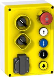 Enclosure for elevator inspection, 1 emergency stop/emergency off button, 4 pushbutton, 2 selector switch, 1 socket outlet, 10 Form A (N/O) + 4 Form B (N/C), latching, XALFP7005E