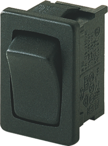 Rocker switch, black, 1 pole, On-Off, off switch, 10 (4) A/250 VAC, 6 (4) A/250 VAC, IP40, unlit, unprinted