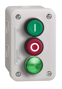 Surface mount housing, 2 pushbutton green/red, 1 indicator lamp green, 1 Form A (N/O) + 1 Form B (N/C), XALE33V1M