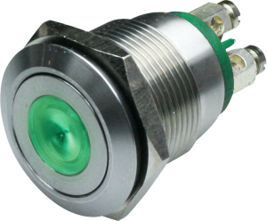 Pushbutton, 1 pole, silver, illuminated  (green), 0.05 A/24 V, mounting Ø 19.2 mm, IP66, MPI001/TERM/GN