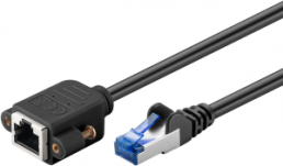 Extension cable with mounting flange, RJ45 plug, straight to RJ45 socket, straight, Cat 6A, S/FTP, LSZH, 0.5 m, black