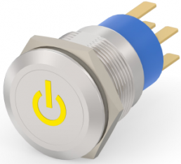 Switch, 2 pole, silver, illuminated  (yellow), 0.4 A/250 VAC, mounting Ø 19.2 mm, IP67, 5-2213766-0