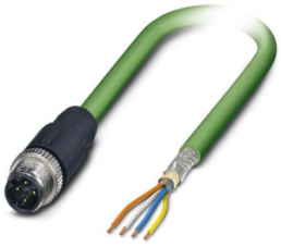 Network cable, M12-plug, straight to open end, Cat 5, SF/TQ, PUR, 1 m, green
