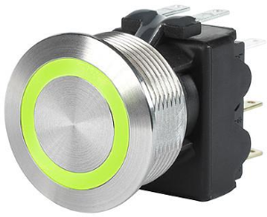 Pushbutton, 2 pole, silver, illuminated  (green), 3 A/250 V, mounting Ø 22 mm, 19.1 mm, IP67, 3-108-975