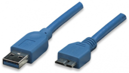 USB 3.0 connection cable, USB plug type A to micro plug type B, 3 m, blue