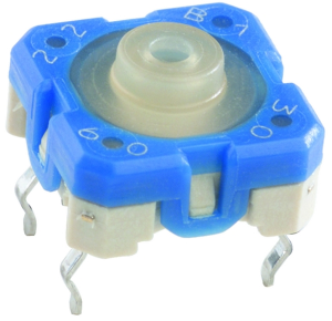 Short-stroke pushbutton, 1 Form A (N/O), 100 mA/42 V AC/DC, unlit , actuator (white/blue, L 1.11 mm), 3.6 N, THT