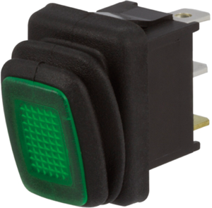 Rocker switch, green, 1 pole, On-Off, off switch, 16 A/125 VAC, 10 A/250 VAC, IP65, illuminated, unprinted