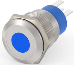 Pushbutton switch, 1 pole, silver, illuminated  (blue), 5 A/250 V, mounting Ø 19.18 mm, IP67, 3-2213765-7