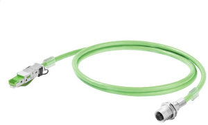 System cable, M12 socket, angled to RJ45 plug, straight, Cat 5, PUR, 2 m, green
