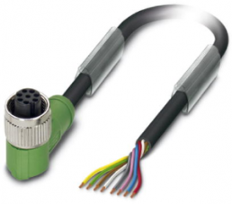 Sensor actuator cable, M12-cable socket, angled to open end, 8 pole, 5 m, PUR, black, 1407822