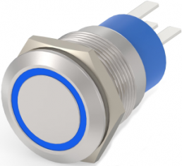 Pushbutton, 1 pole, silver, illuminated  (blue), 5 A/250 V, mounting Ø 19.2 mm, IP67, 1-2213767-9