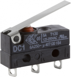 Subminiature snap-action switch, On-On, solder connection, hinge lever, 0.7 N, 5 A/125 VAC, 1 A/48 VDC, IP67