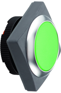 Pushbutton switch, illuminable, latching, waistband square, green, front ring silver, mounting Ø 22.3 mm, 1.30.270.081/2500
