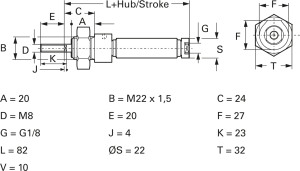 Miniature cylinder, single-acting, 1.5 to 10 bar, Kd. 20 mm, Hub 10 mm, 27.15.010