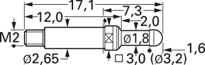 Thread test pin with probe, round head, Ø 2.65 mm, travel  3.5 mm, pitch 4 mm, L 22.5 mm, 5110/G-C-1.2N-AU-2.3 C