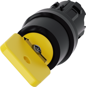 Key switch O.M.R, unlit, latching, waistband round, yellow, 90°, trigger position 0 + 1, mounting Ø 22.3 mm, 3SU1000-4JF11-0AA0
