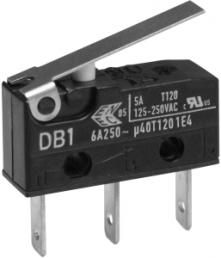 Subminiature snap-action switch, On-On, plug-in connection, hinge lever, 0.6 N, 5 A/125 VAC, 1 A/48 VDC, IP50