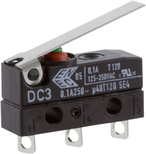 Subminiature snap-action switch, On-On, solder connection, hinge lever, 0.69 N, 0.1 A/250 VAC, IP67