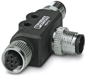 Adapter, 2 x M12 (5 pole, socket/plug) to M12 (5 pole, plug), T-shape, 1424713