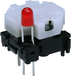 Short-stroke pushbutton, 1 Form A (N/O), 100 mA/28 V, illuminated, red, actuator (white, L 4.3 mm), 0.7 N, THT