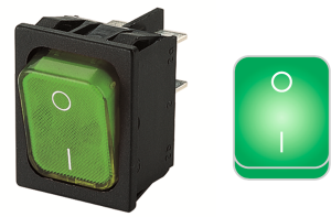Rocker switch, green, 2 pole, On-Off, off switch, 20 (4) A/250 VAC, 10 (8) A/250 VAC, IP40, illuminated, printed