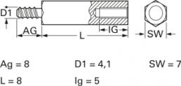 Hexagon spacer bolt, External/Internal Thread, M4, 8 mm, brass