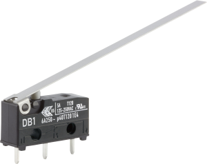 Subminiature snap-action switch, On-On, PCB connection, long hinge lever, 0.18 N, 5 A/125 VAC, 1 A/48 VDC, IP50
