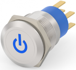 Switch, 2 pole, silver, illuminated  (blue), 0.4 A/250 VAC, mounting Ø 19.2 mm, IP67, 5-2213766-8