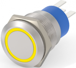 Pushbutton, 1 pole, silver, illuminated  (yellow), 5 A/250 V, mounting Ø 19.2 mm, IP67, 1-2213767-1