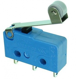 Subminiature snap-action switch, On-On, solder connection, roller lever, 0.6 N, 5 A/250 VAC, IP40