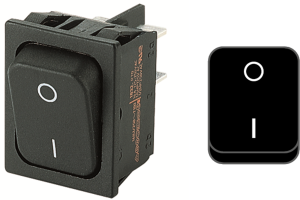 Rocker switch, black, 2 pole, On-Off, off switch, 20 (4) A/250 VAC, 10 (8) A/250 VAC, IP40, unlit, printed
